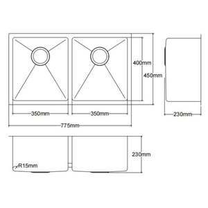 LUKKA KLIFF HAND MADE STAINLESS STEEL DOUBLE BOWL UNDERMOUNT KITCHEN SINK 775MM