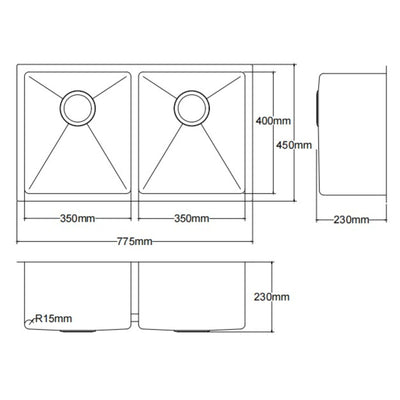 LUKKA KLIFF HAND MADE STAINLESS STEEL DOUBLE BOWL UNDERMOUNT KITCHEN SINK 775MM