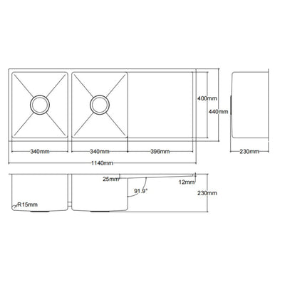 LUKKA KLIFF HAND MADE STAINLESS STEEL DOUBLE BOWL WITH DRAINER UNDERMOUNT KITCHEN SINK 1140MM