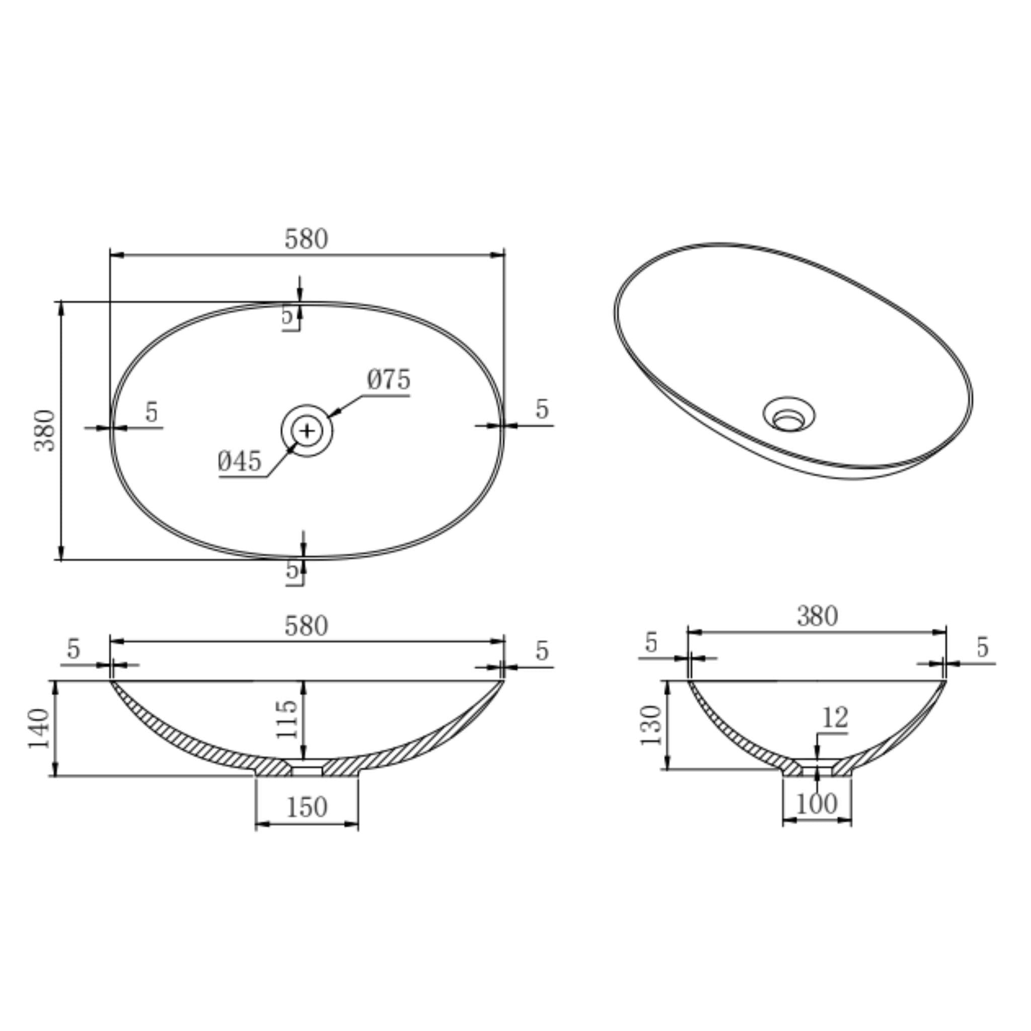 LUKKA KIRRA ABOVE COUNTER BASIN MATTE WHITE 580MM