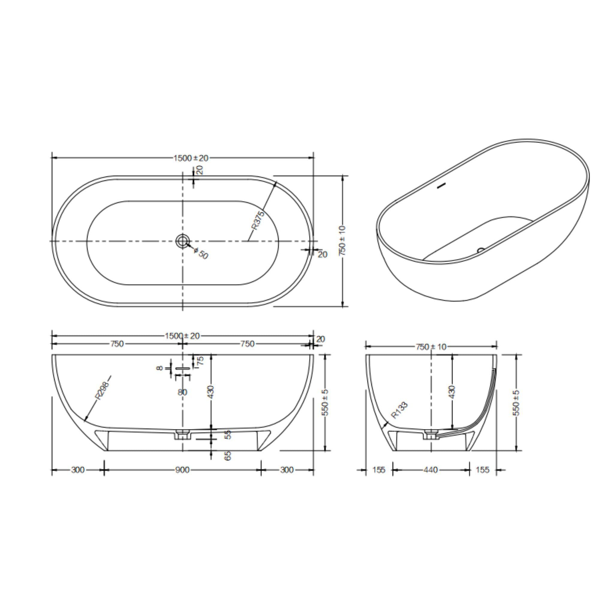 LUKKA KIRRA FREESTANDING BATHTUB MATTE WHITE (AVAILABLE IN 1400MM, 1500MM AND 1700MM)