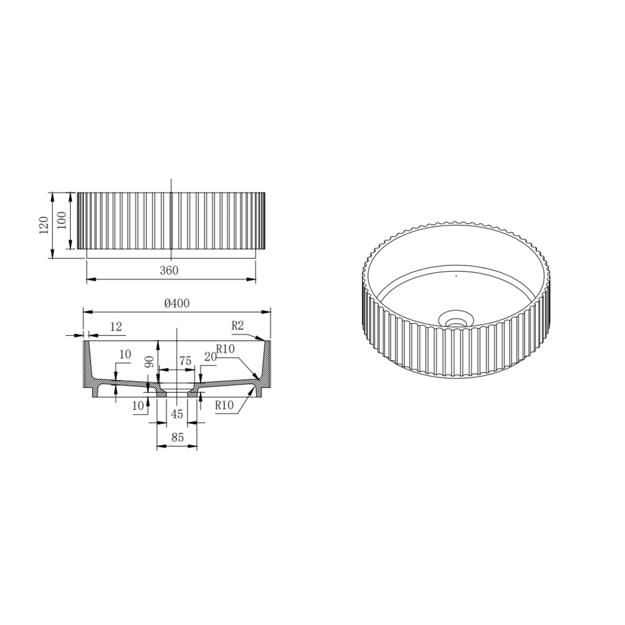 LUKKA OLLEY FLUTED ABOVE COUNTER BASIN MATTE BLACK 400MM