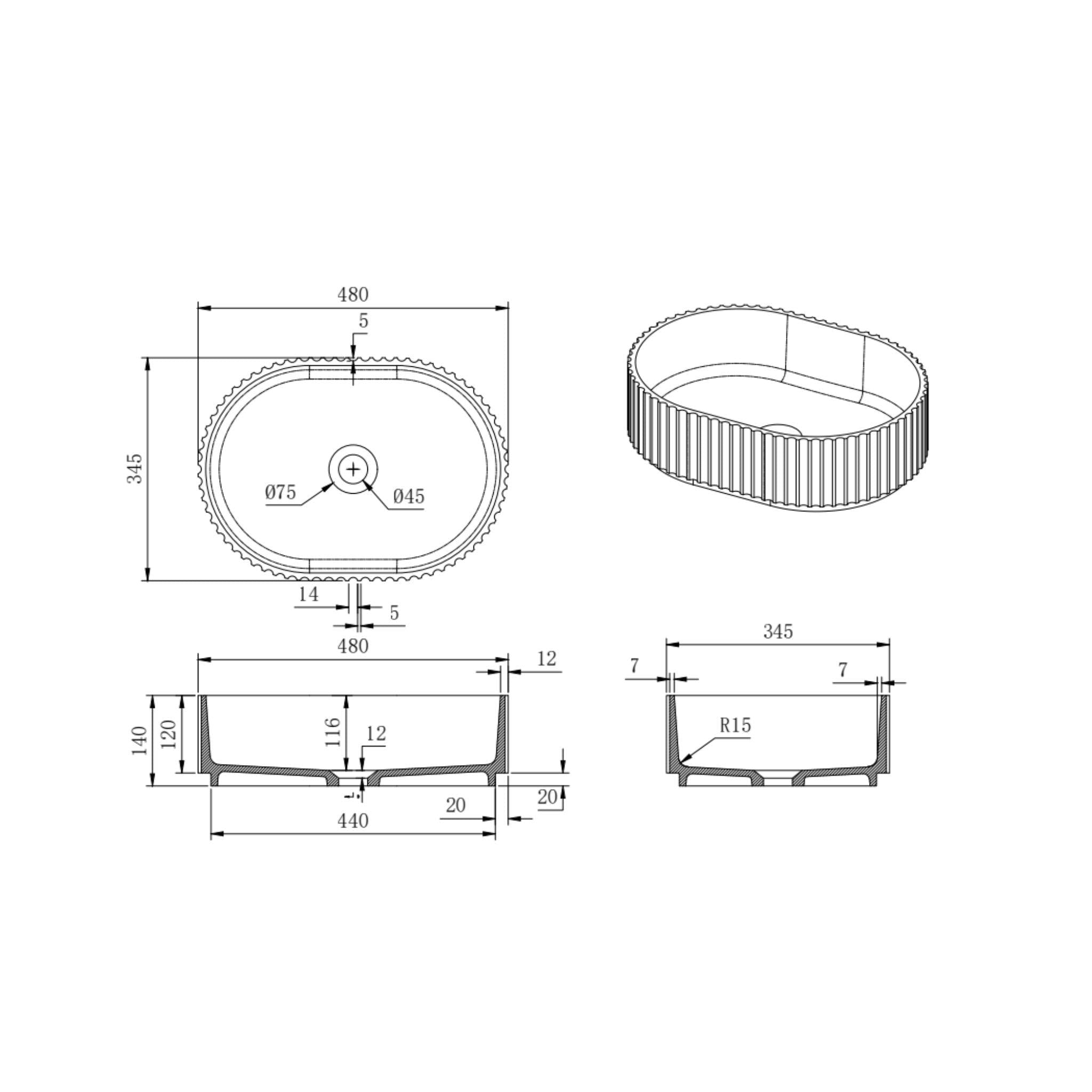 LUKKA ELLIPS FLUTED ABOVE COUNTER BASIN GLOSS WHITE 480MM