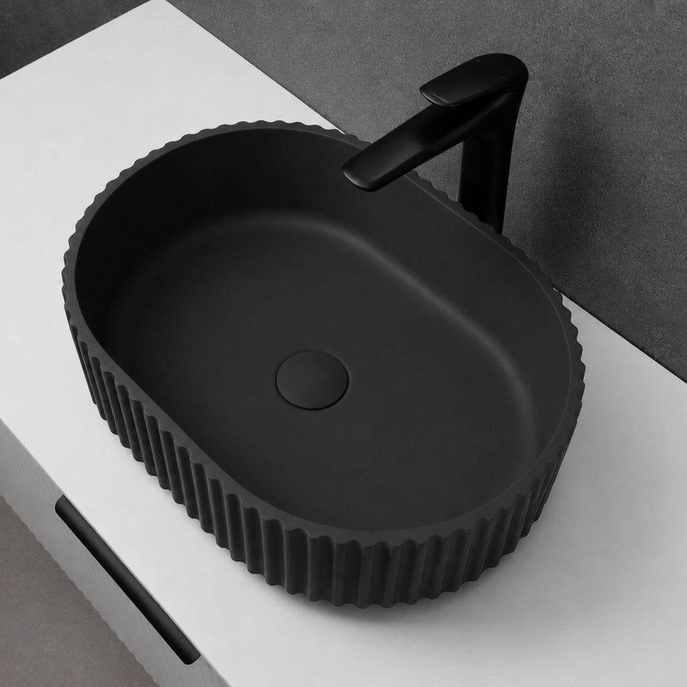 LUKKA ELLIPS FLUTED ABOVE COUNTER BASIN MATTE BLACK 480MM