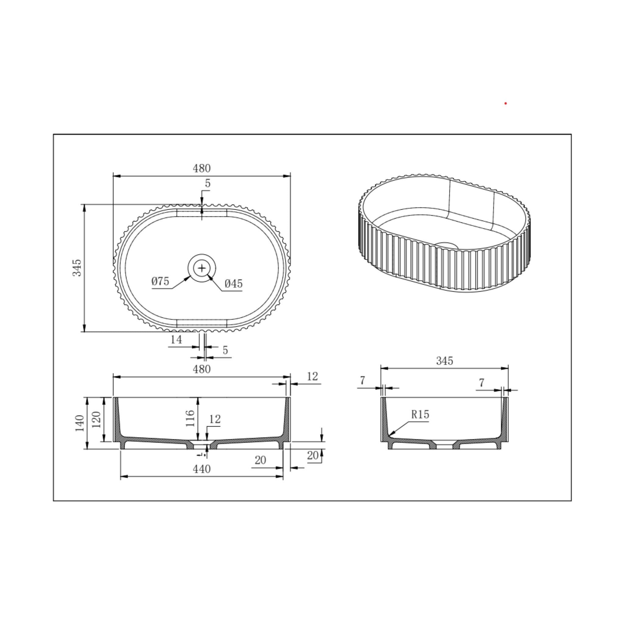 LUKKA ELLIPS FLUTED ABOVE COUNTER BASIN MATTE WHITE 480MM