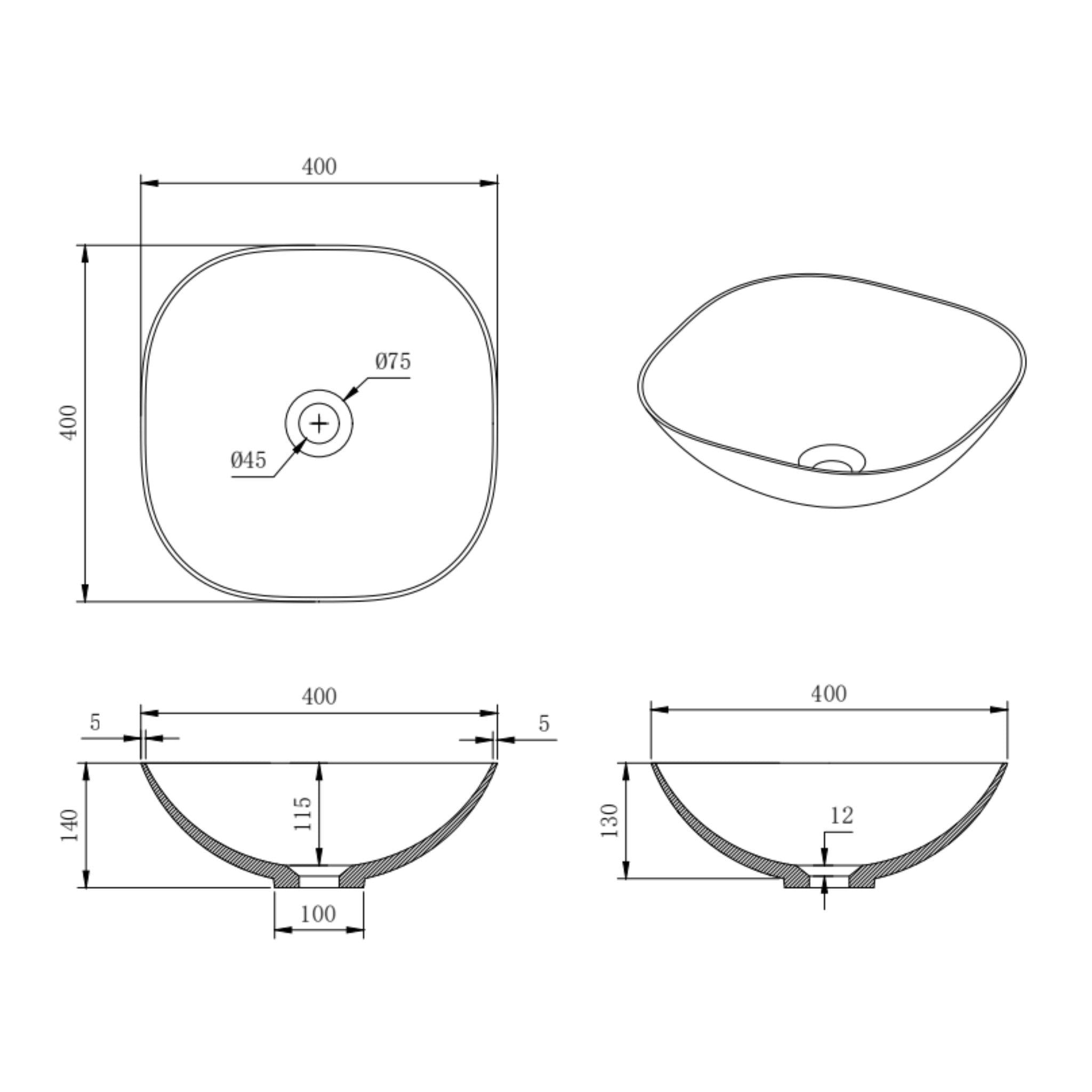 LUKKA PERRY ABOVE COUNTER BASIN MATTE WHITE 400MM