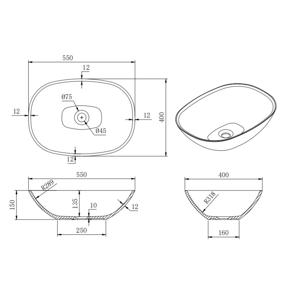LUKKA PERRY ABOVE COUNTER BASIN MATTE WHITE 550MM