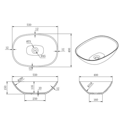 LUKKA PERRY ABOVE COUNTER BASIN MATTE WHITE 550MM