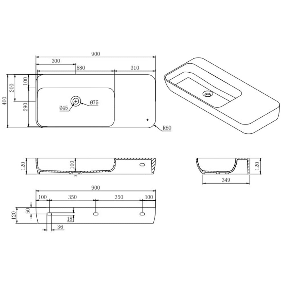 LUKKA ROCCIA WALL HUNG BASIN MATTE WHITE 900MM