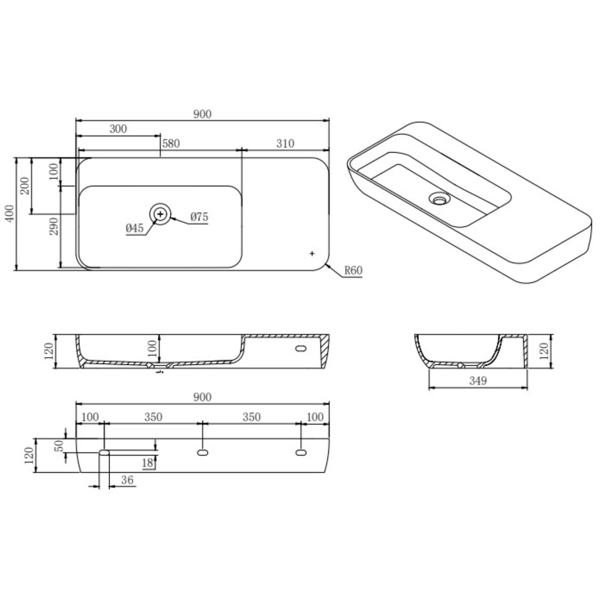 LUKKA ROCCIA WALL HUNG BASIN MATTE WHITE 900MM