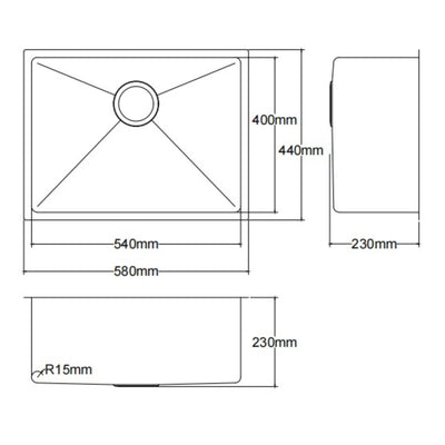 LUKKA KLIFF HAND MADE STAINLESS STEEL SINGLE BOWL UNDERMOUNT KITCHEN SINK 580MM