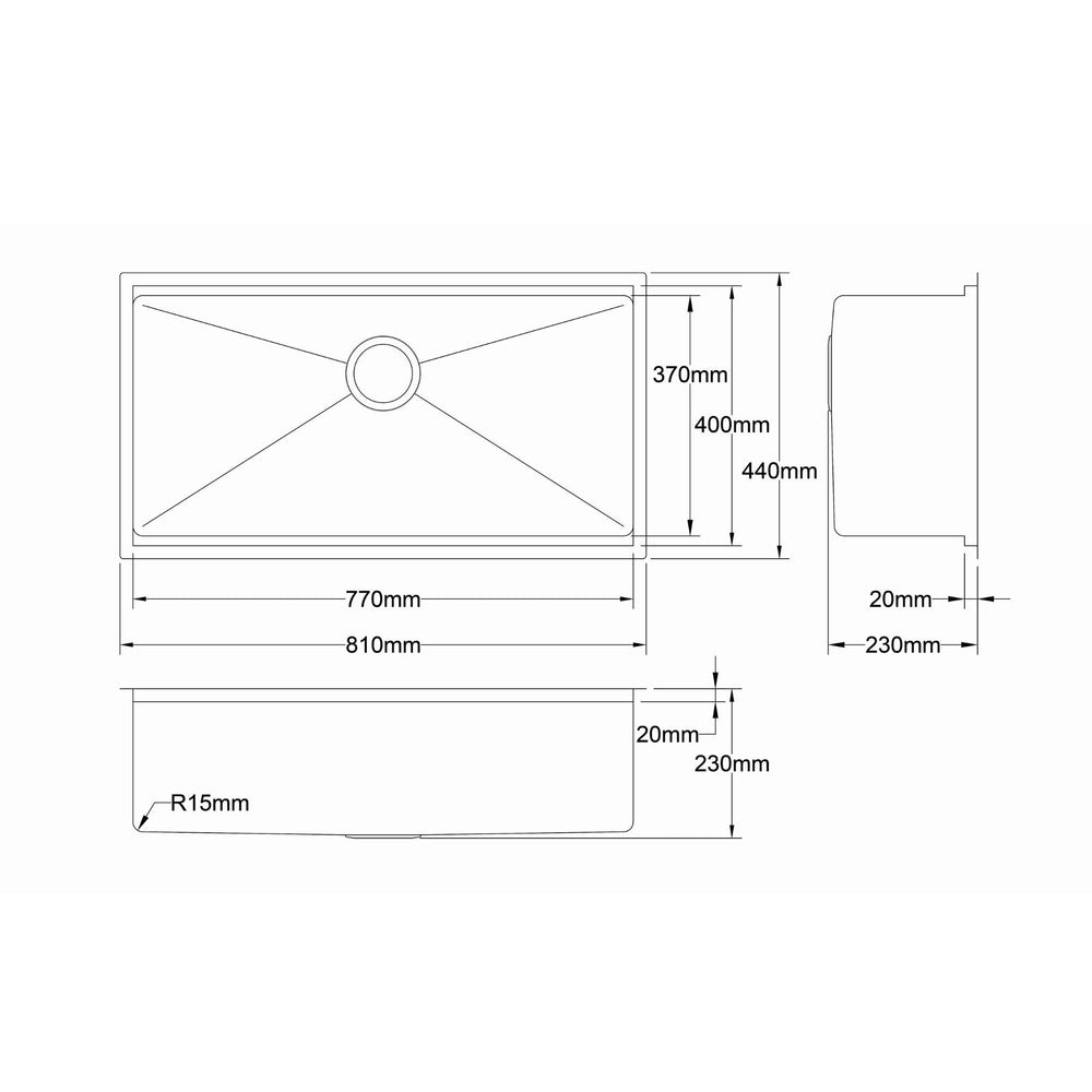 LUKKA KLIFF HAND MADE STAINLESS STEEL SINGLE BOWL UNDERMOUNT KITCHEN SINK 810MM