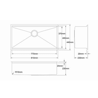 LUKKA KLIFF HAND MADE STAINLESS STEEL SINGLE BOWL UNDERMOUNT KITCHEN SINK 810MM