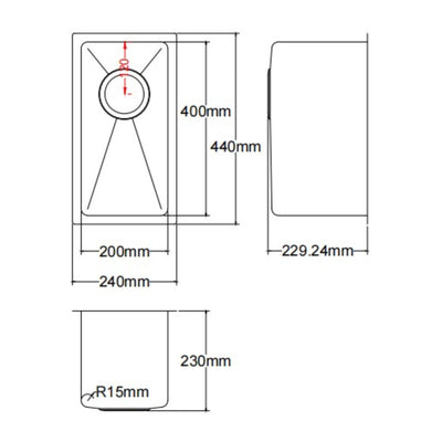 LUKKA KLIFF HAND MADE STAINLESS STEEL SINGLE BOWL UNDERMOUNT KITCHEN SINK 240MM