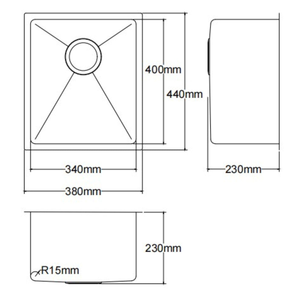 LUKKA KLIFF HAND MADE STAINLESS STEEL SINGLE BOWL UNDERMOUNT KITCHEN SINK 380MM