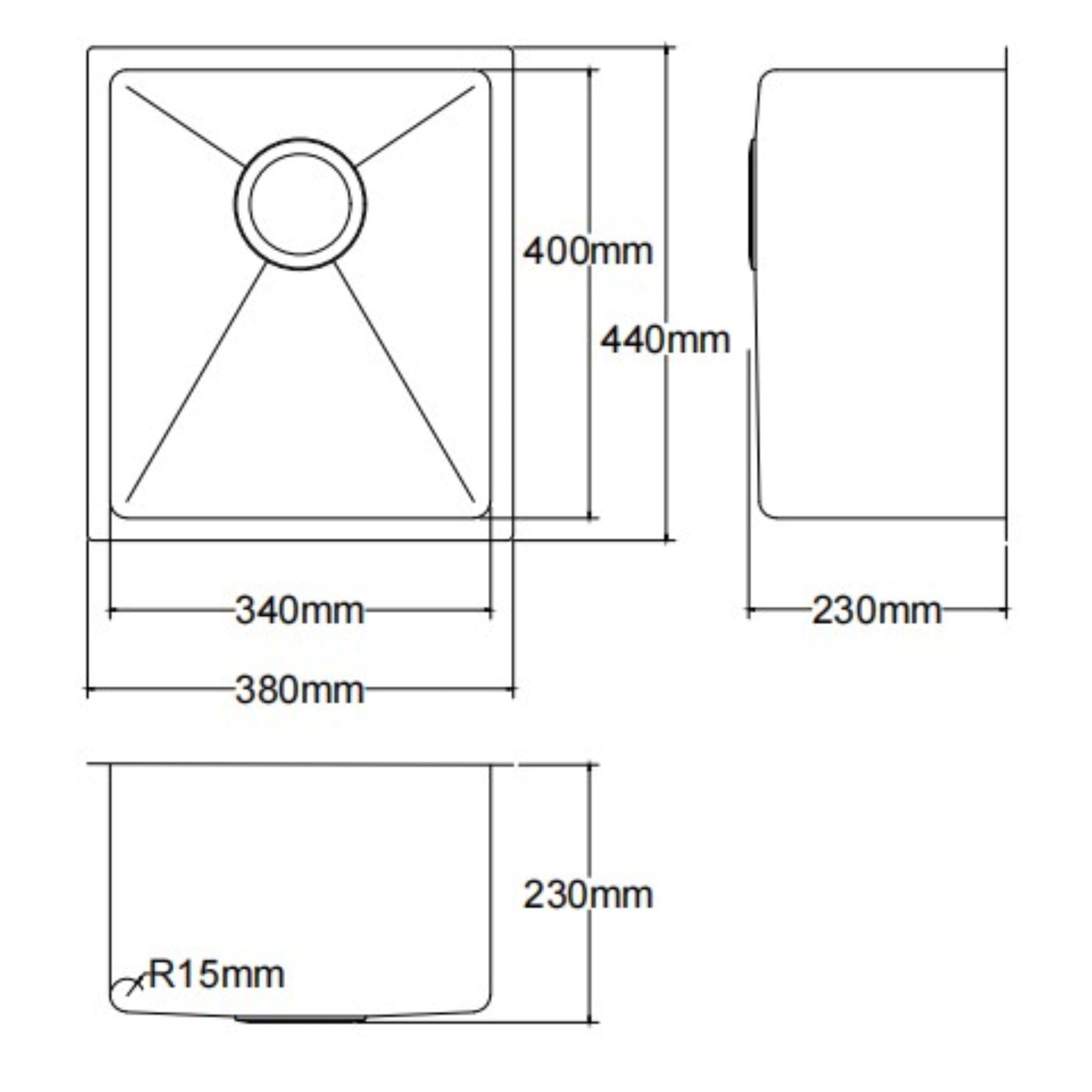 LUKKA KLIFF HAND MADE STAINLESS STEEL SINGLE BOWL UNDERMOUNT KITCHEN SINK 380MM