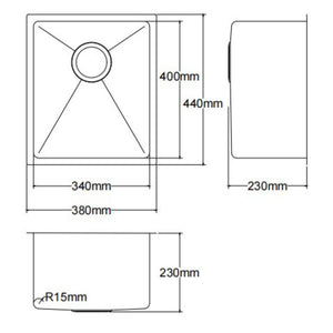 LUKKA KLIFF HAND MADE STAINLESS STEEL SINGLE BOWL UNDERMOUNT KITCHEN SINK 380MM