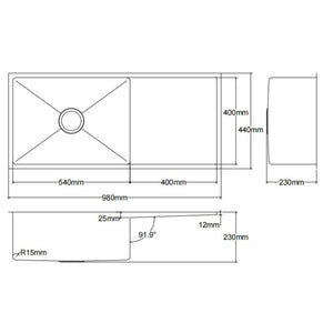 LUKKA KLIFF HAND MADE STAINLESS STEEL SINGLE BOWL WITH DRAINER UNDERMOUNT KITCHEN SINK 980MM