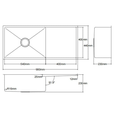 LUKKA KLIFF HAND MADE STAINLESS STEEL SINGLE BOWL WITH DRAINER UNDERMOUNT KITCHEN SINK 980MM
