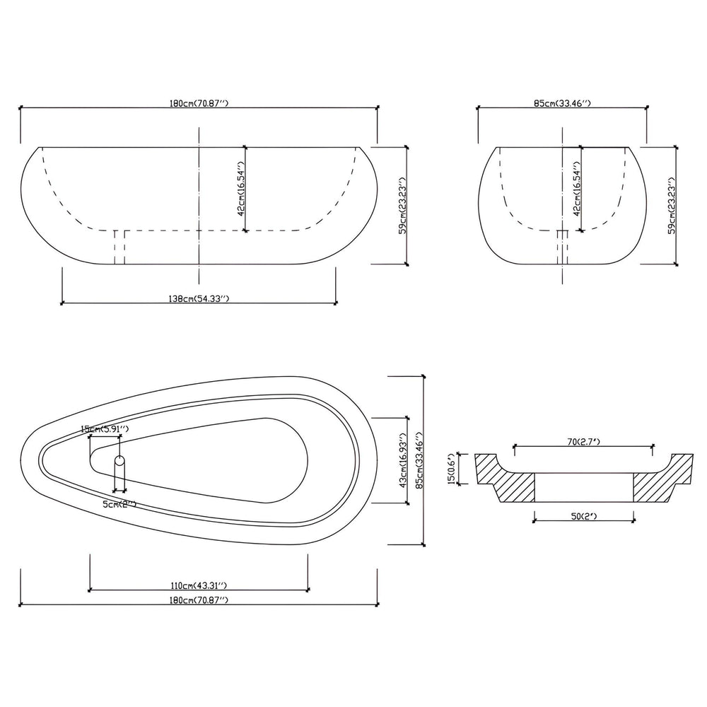 LUKKA VOGA FREESTANDING BATHTUB OVERFLOW GLOSS WHITE 1800MM