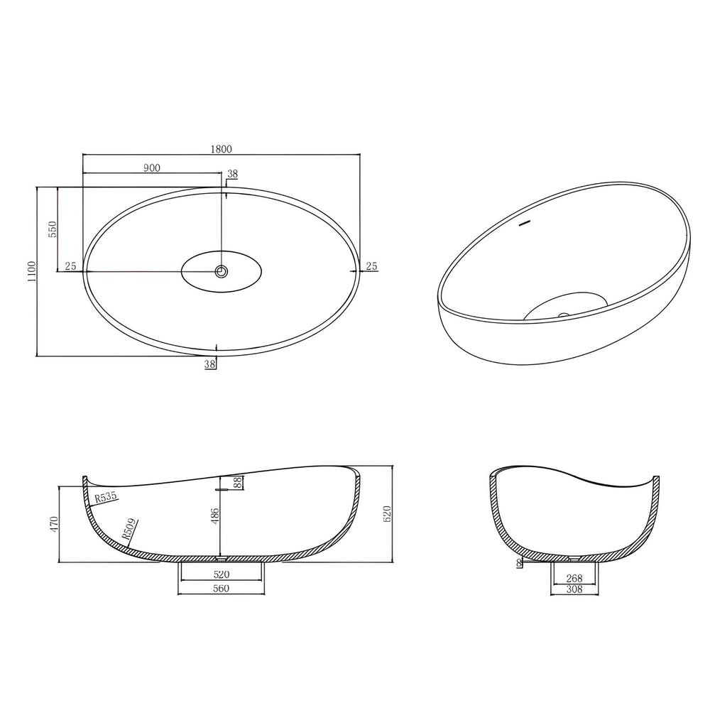 LUKKA WAVERTON FREESTANDING BATHTUB OVERFLOW MATTE WHITE 1800MM