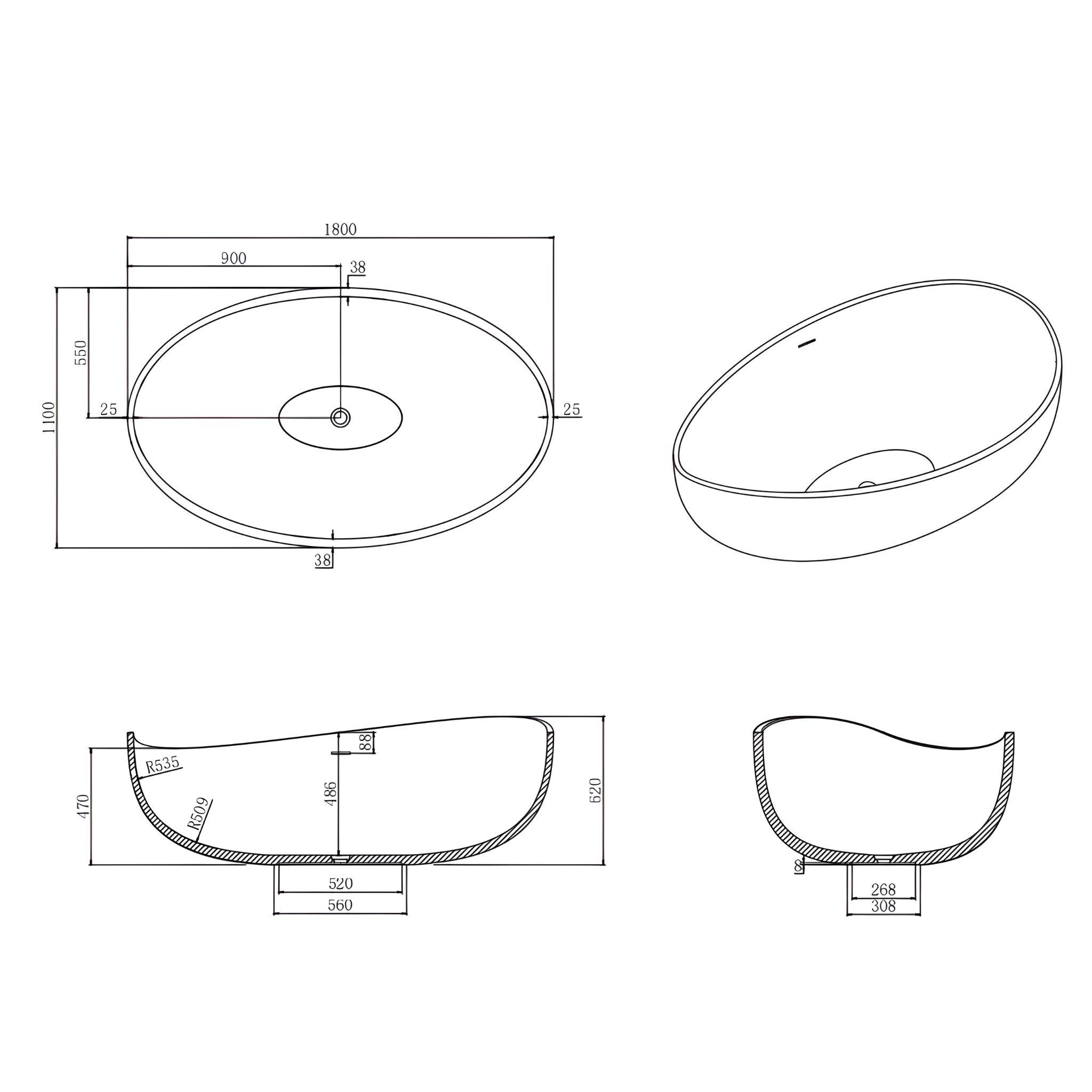 LUKKA WAVERTON FREESTANDING BATHTUB OVERFLOW MATTE BLACK 1800MM