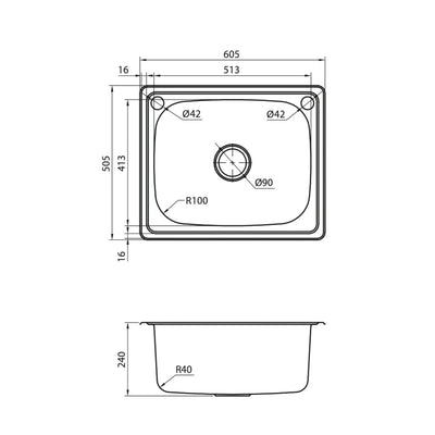 SCHOCK LODDEN SINGLE BOWL LAUNDRY SINK WITH BYPASS STAINLESS STEEL 605MM