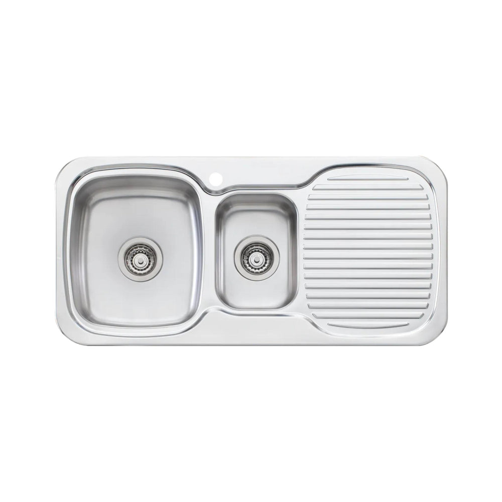 OLIVERI LAKELAND 1 & 1/2 BOWL TOPMOUNT ALFRESCO AND KITCHEN SINK WITH TAPHOLE & DRAINER STAINLESS STEEL 980MM