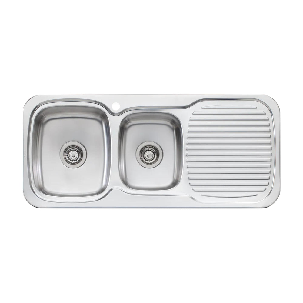 OLIVERI LAKELAND 1 & 3/4 BOWL TOPMOUNT ALFRESCO AND KITCHEN SINK WITH TAPHOLE & DRAINER STAINLESS STEEL 1080MM