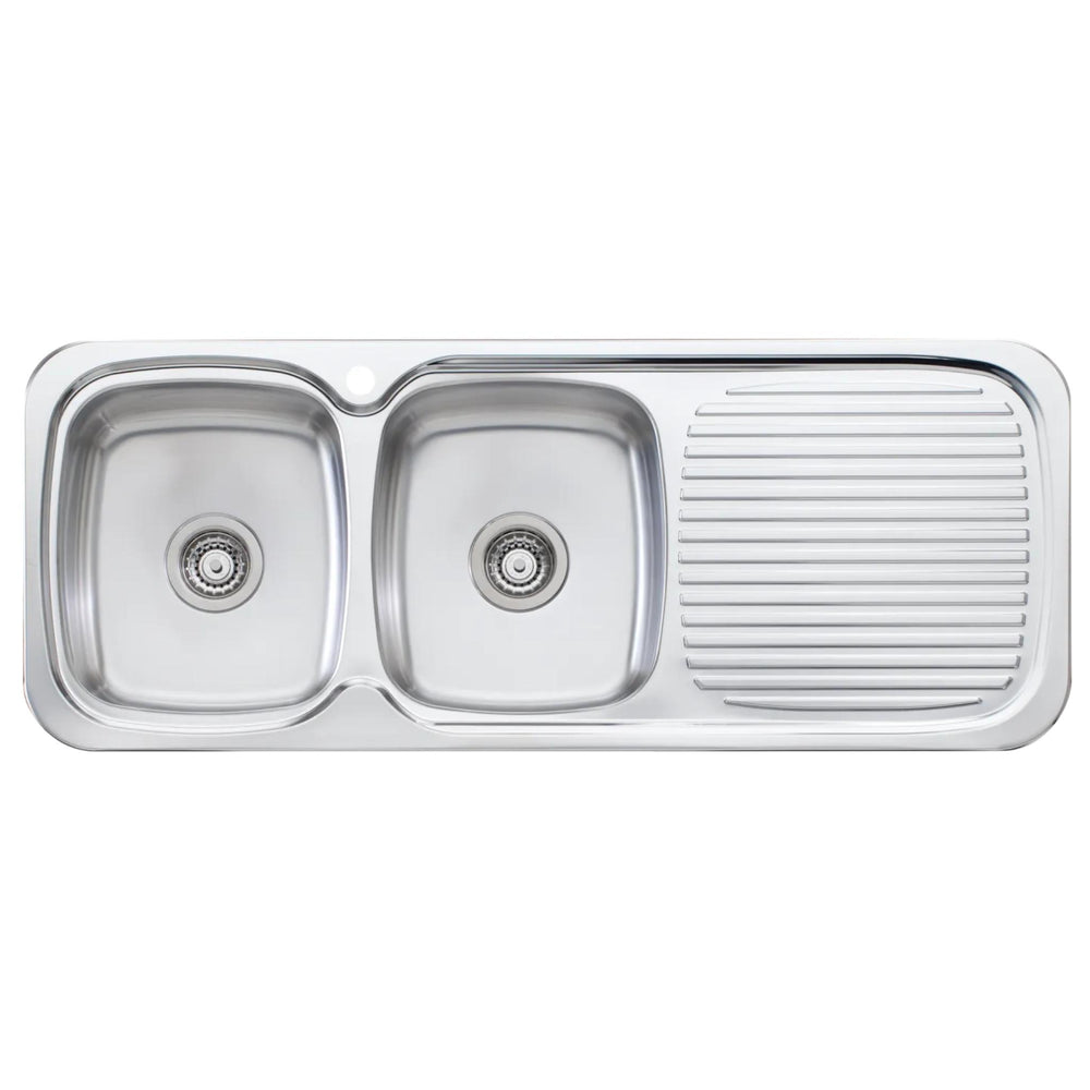 OLIVERI LAKELAND DOUBLE BOWL TOPMOUNT KITCHEN SINK WITH TAPHOLE & DRAINER STAINLESS STEEL 1200MM