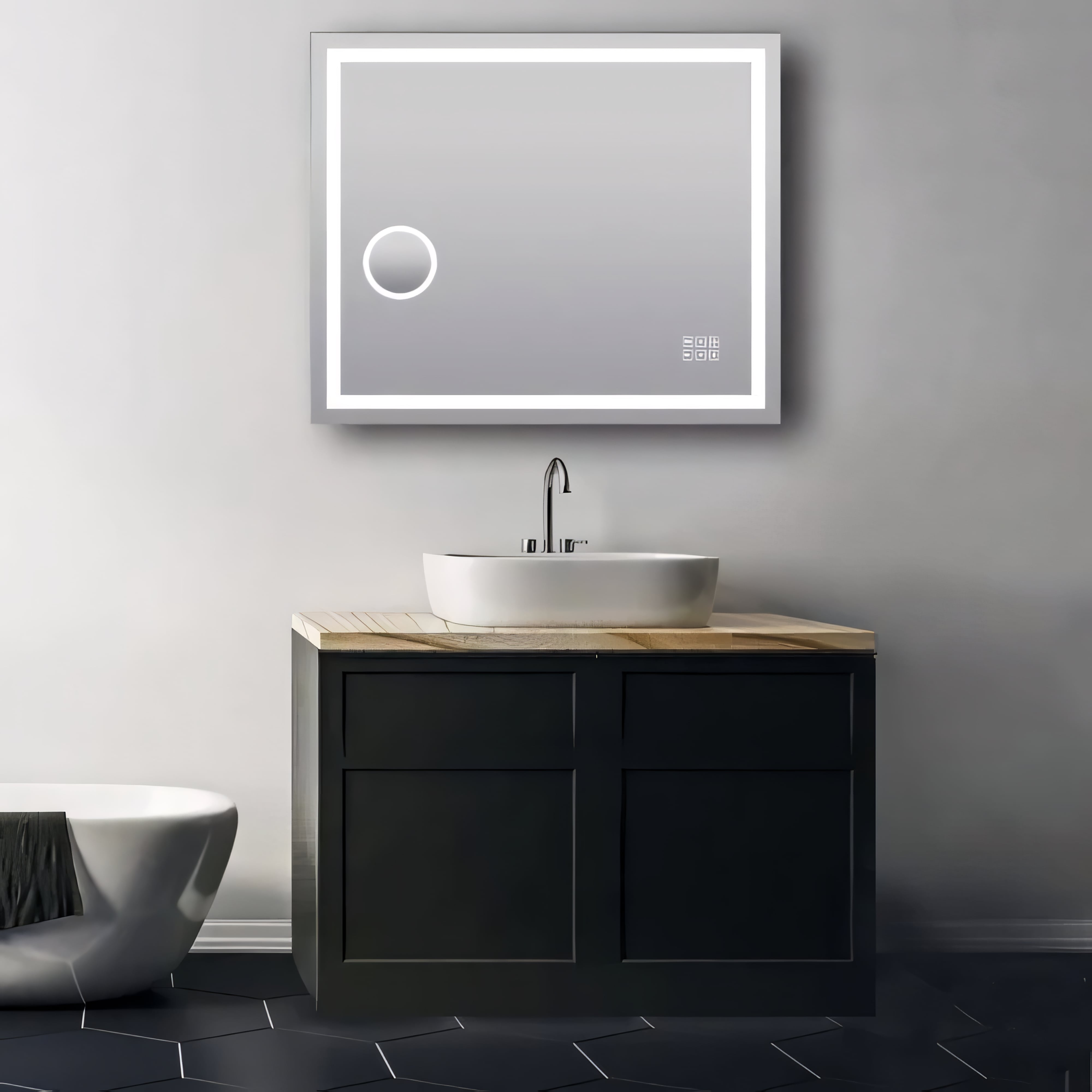 AQUAPERLA ART BLUETOOTH LED MIRROR WITH MAGNIFIER 3 COLOUR LIGHTS CHROME 900X750MM