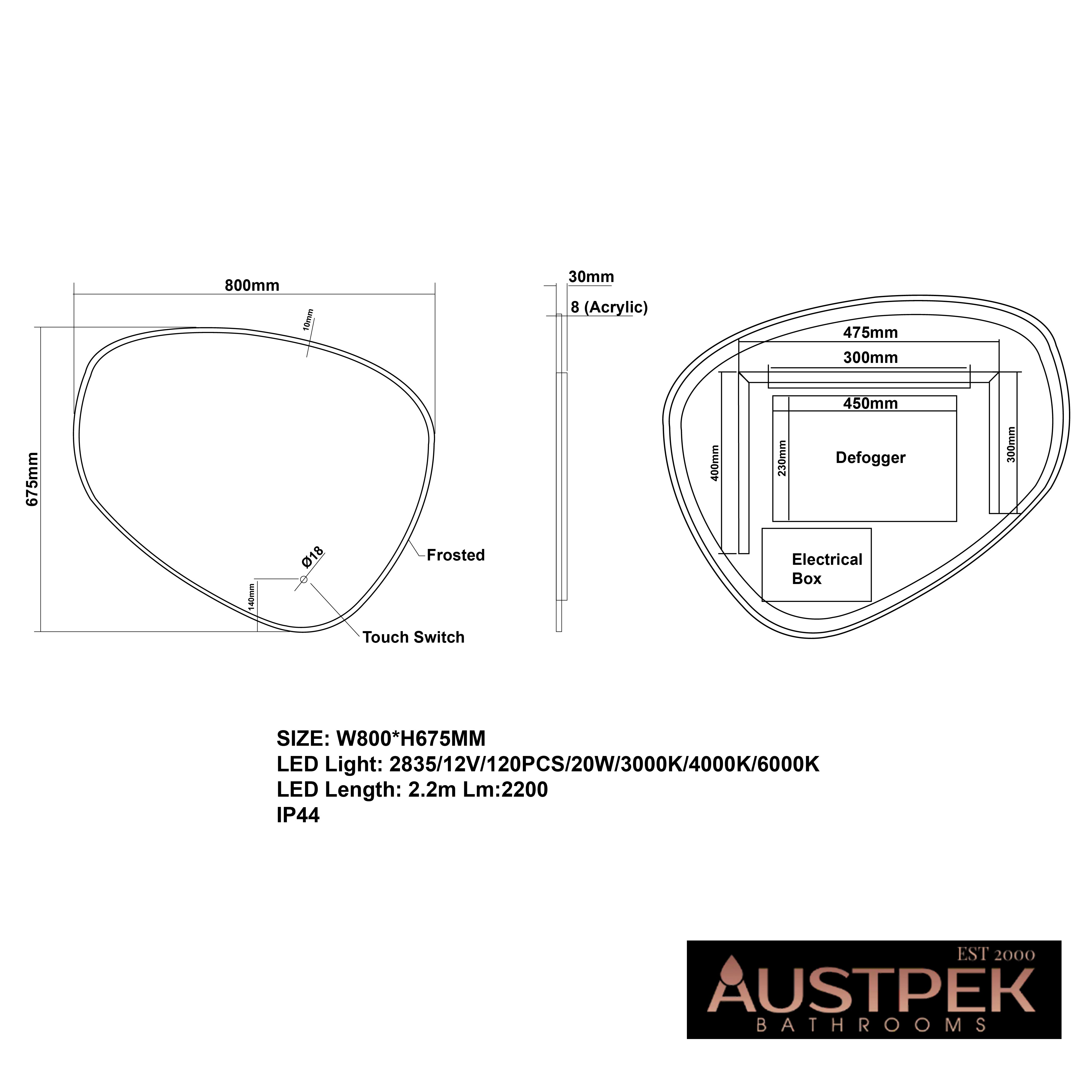 AQUAPERLA OVAL ACRYLIC LED MIRROR 3 COLOUR LIGHTS CHROME 800X675MM