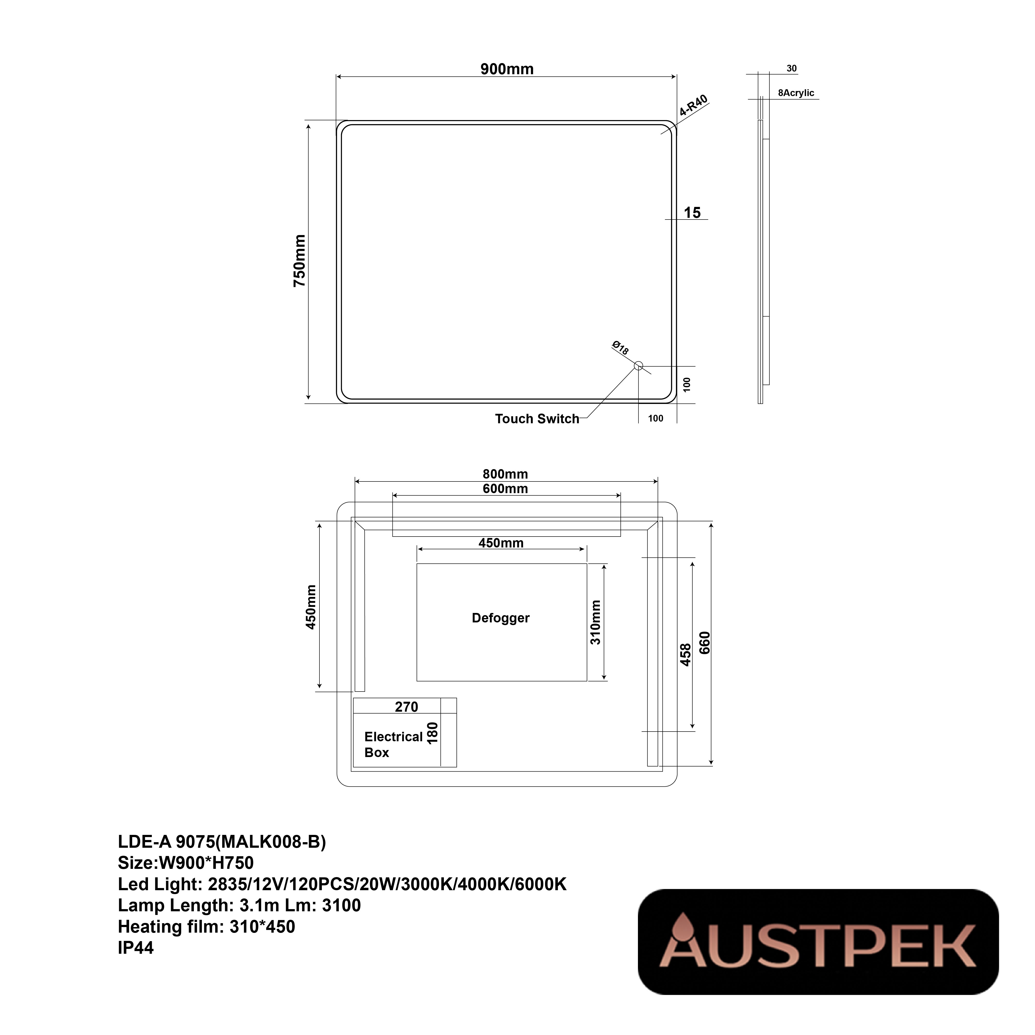 AQUAPERLA RECTANGULAR ACRYLIC LED MIRROR 3 COLOUR LIGHTS CHROME 900X750MM