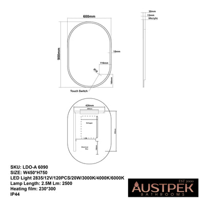 AQUAPERLA OVAL ACRYLIC LED MIRROR 3 COLOUR LIGHTS CHROME 600X900MM