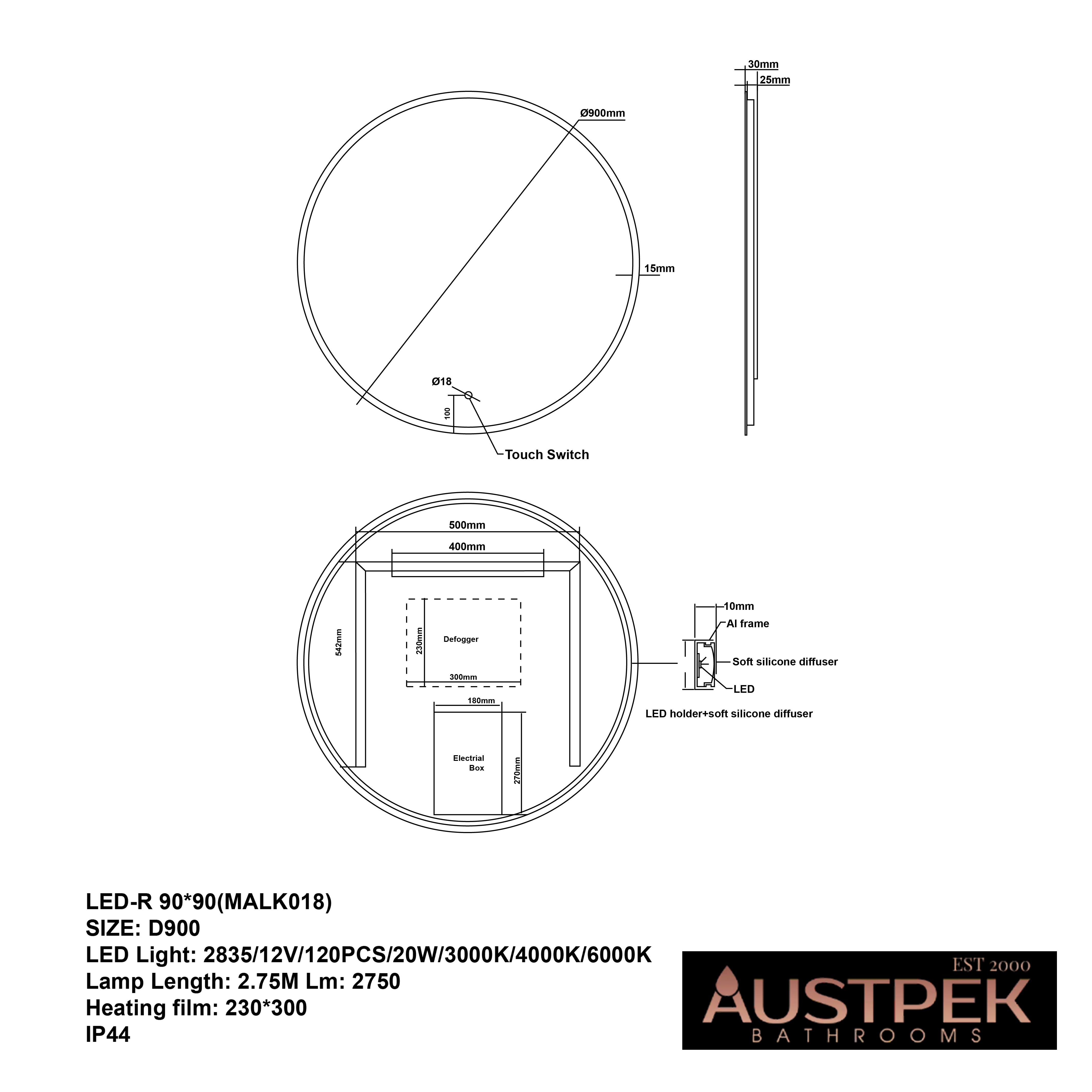 AQUAPERLA ROUND ACRYLIC BACKLIT LED MIRROR 3 COLOUR LIGHTS SILVER 900MM