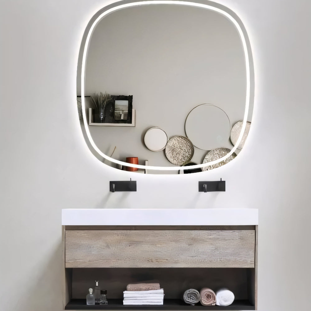 AQUAPERLA SQUARE ROUNDED EDGE ACRYLIC LED MIRROR 3 COLOUR LIGHTS CHROME 600X600MM