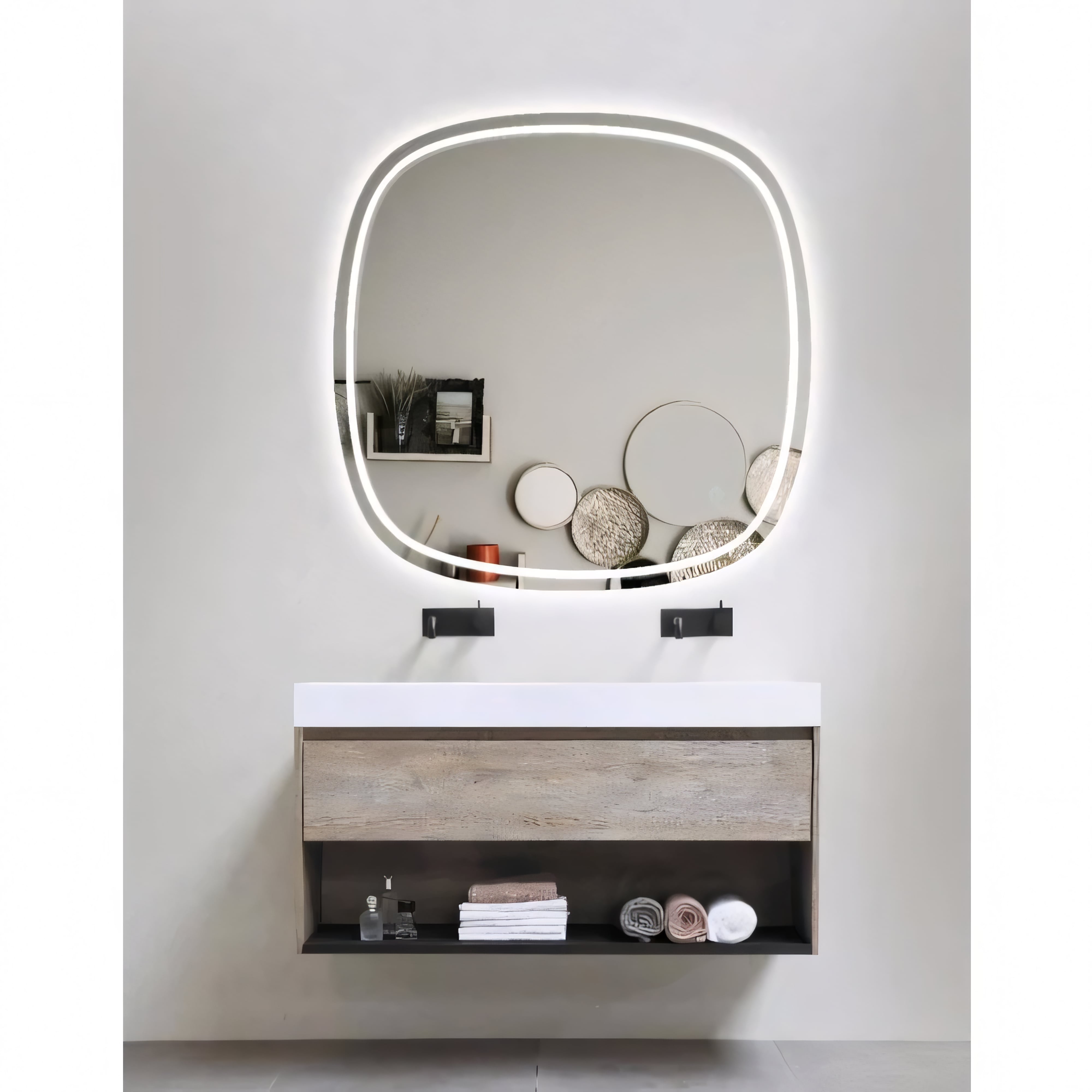 AQUAPERLA SQUARE ROUNDED EDGE ACRYLIC LED MIRROR 3 COLOUR LIGHTS CHROME 750X750MM