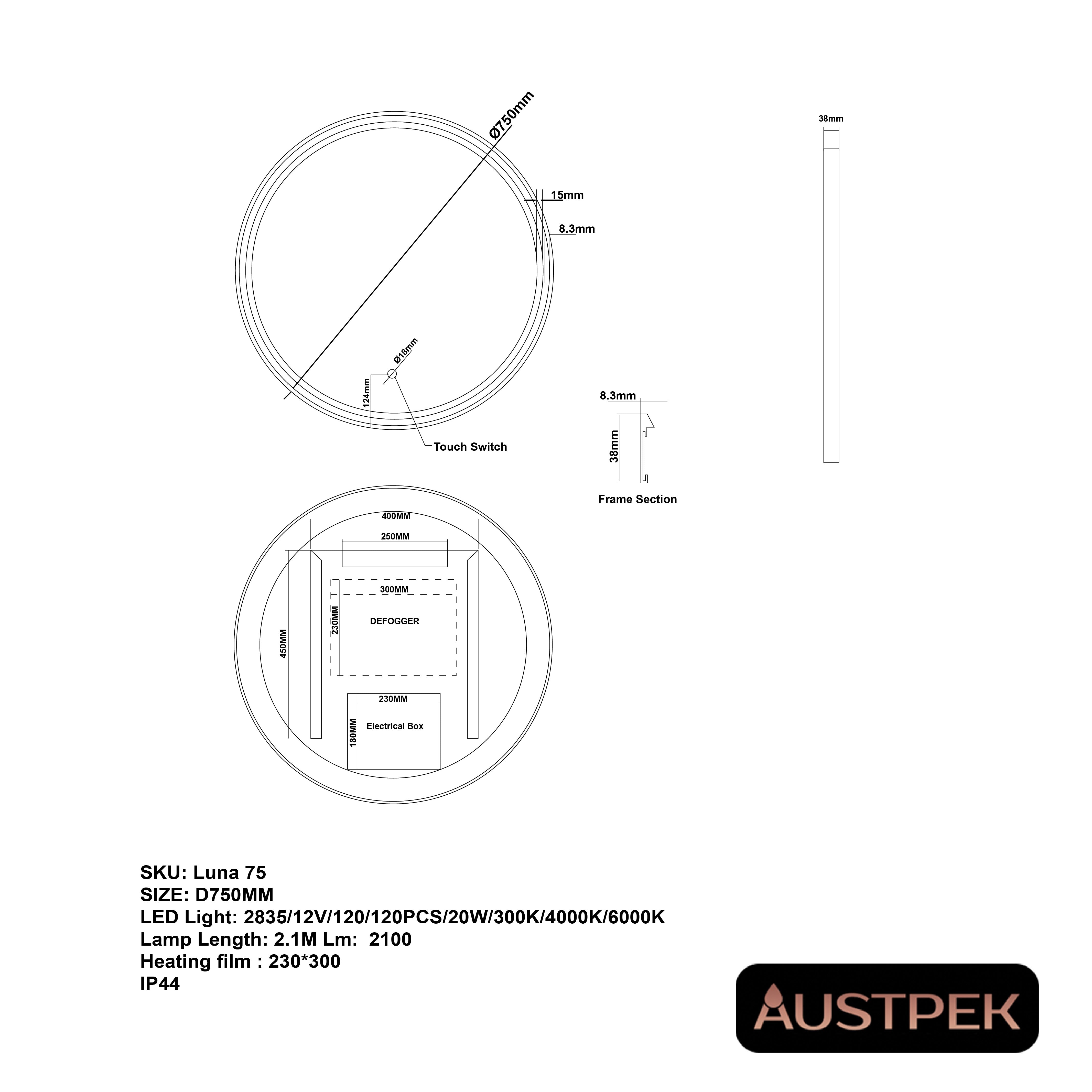 AQUAPERLA ROUND FRAMED LED MIRROR 3 COLOUR LIGHTS BLACK 750MM