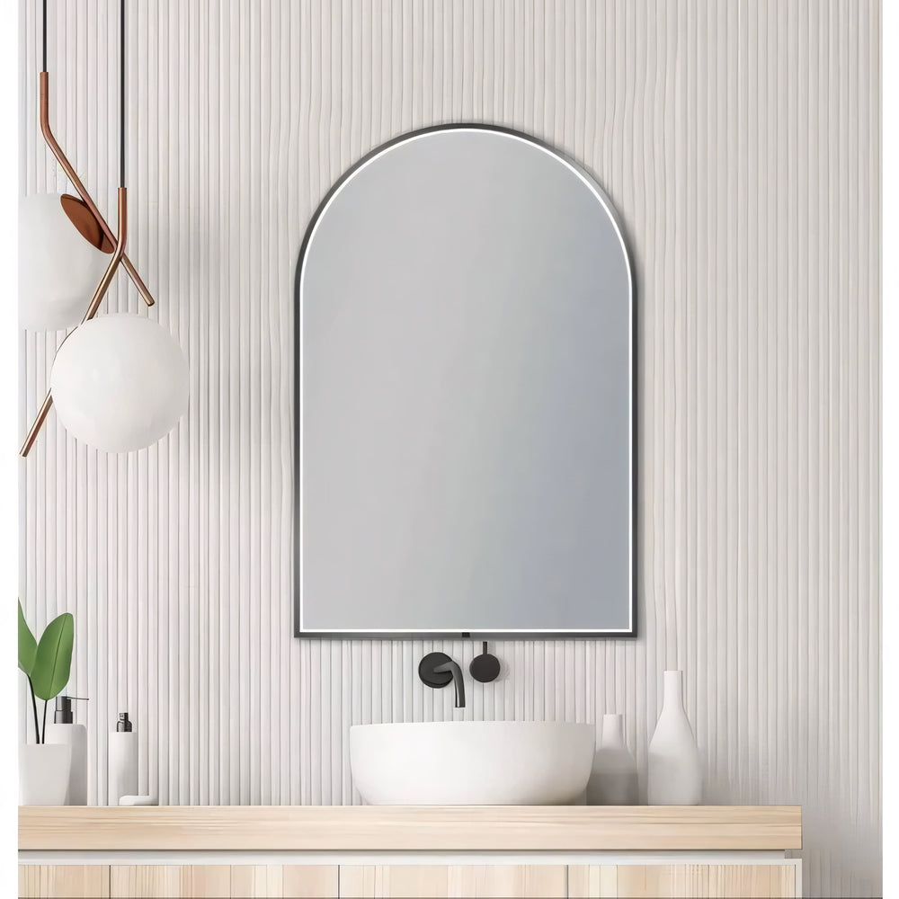 AQUAPERLA ARCH FRAMED LED MIRROR GUN METAL GREY 600X900MM
