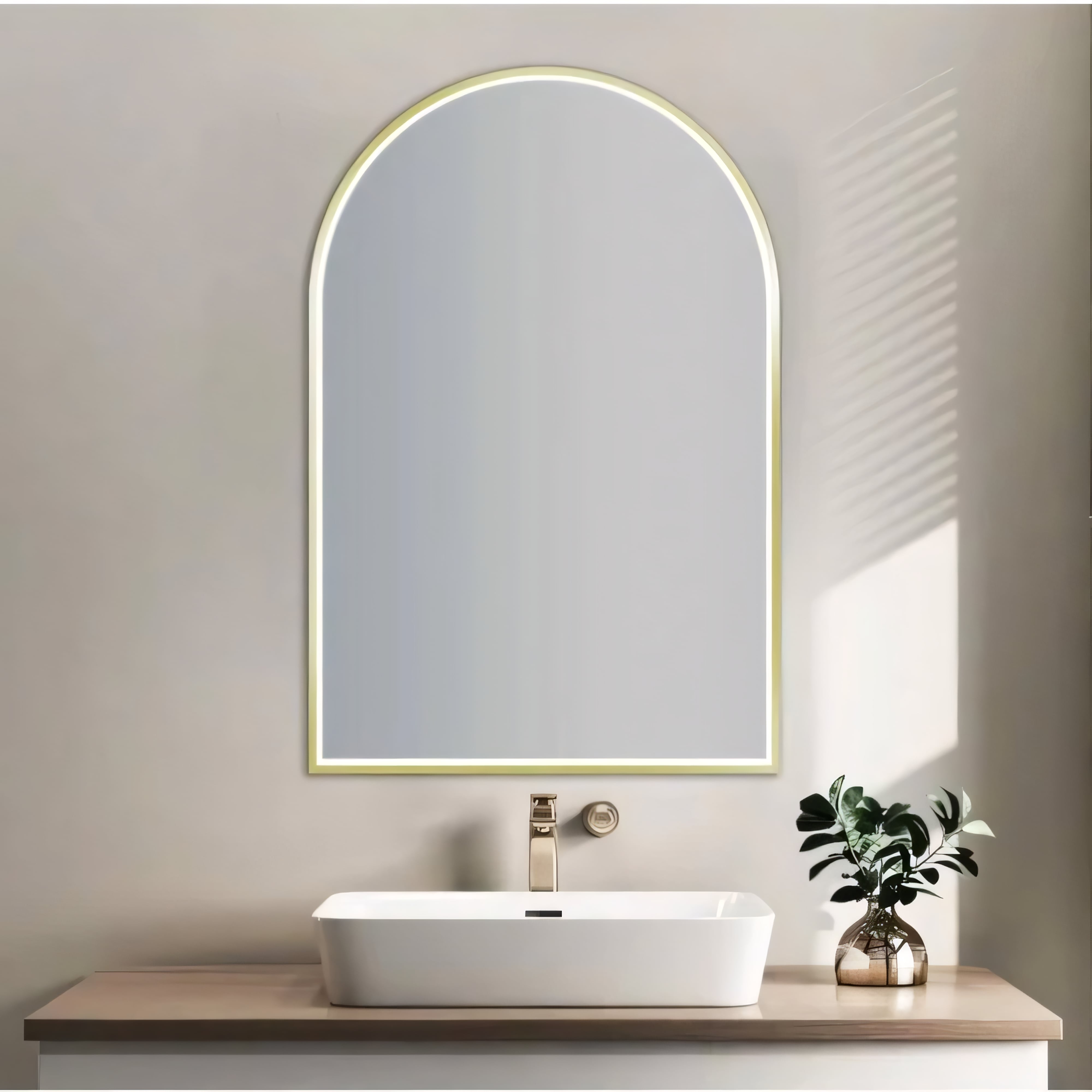 AQUAPERLA ARCH FRAMED LED MIRROR BRUSHED GOLD 600X900MM