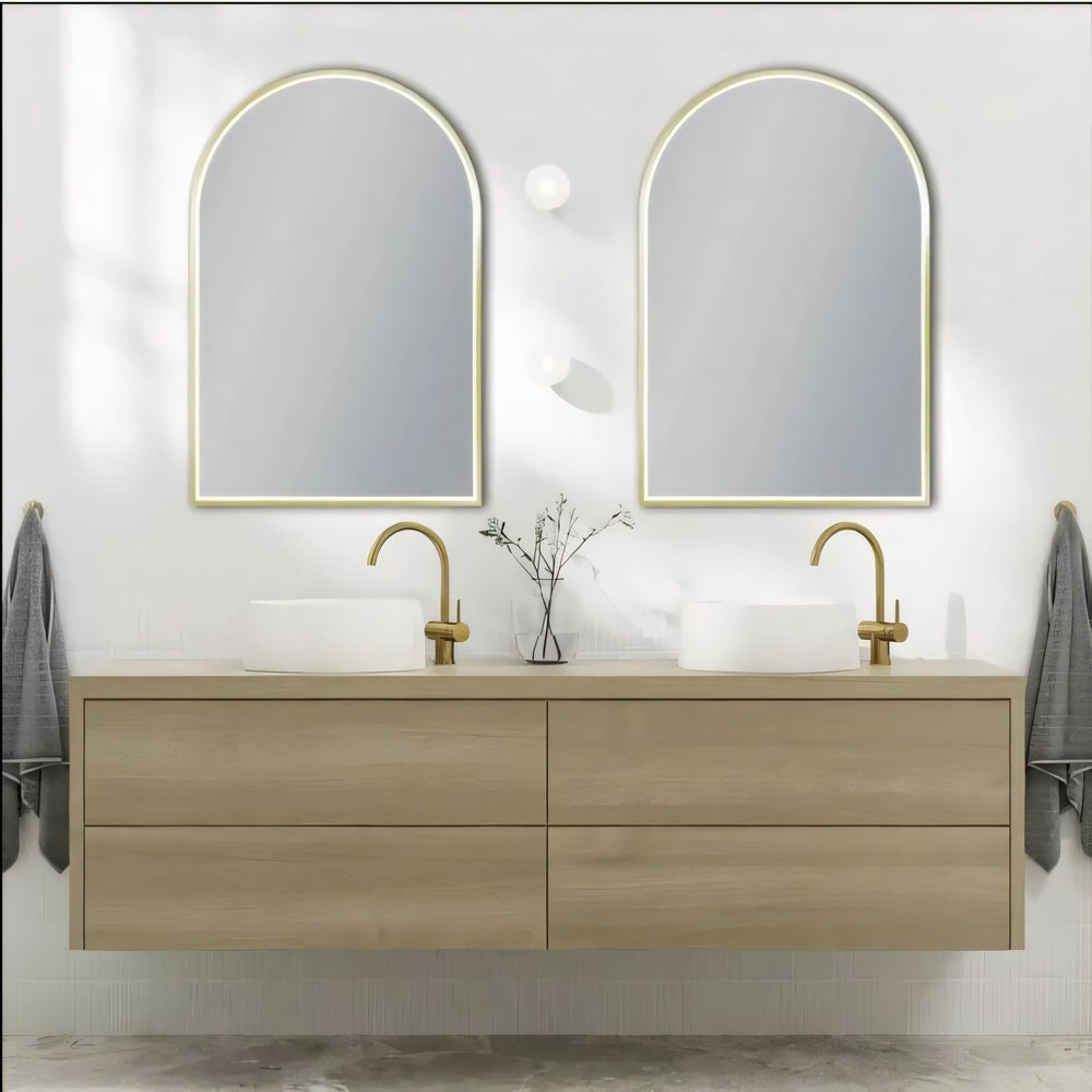 AQUAPERLA ARCH FRAMED LED MIRROR BRUSHED GOLD 600X900MM