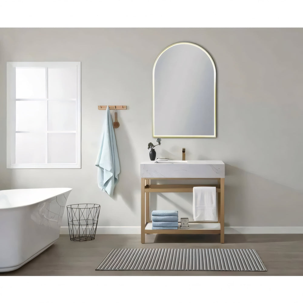 AQUAPERLA ARCH FRAMED LED MIRROR BRUSHED GOLD 600X900MM