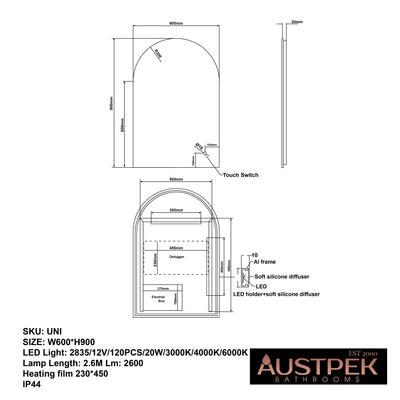 AQUAPERLA ARCH BACKLIT LED MIRROR 3 COLOUR LIGHTS 600X900MM