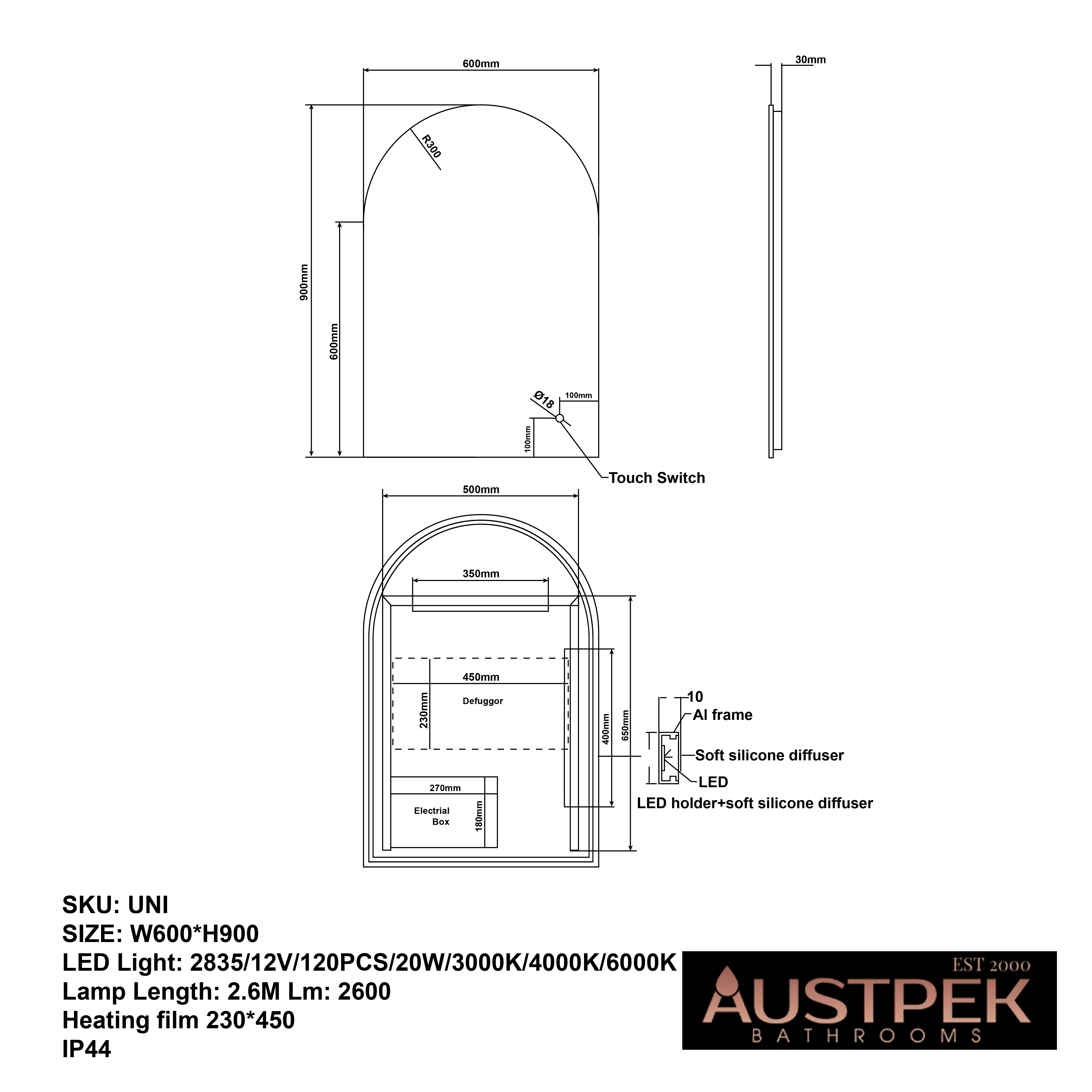 AQUAPERLA ARCH BACKLIT LED MIRROR 3 COLOUR LIGHTS 600X900MM