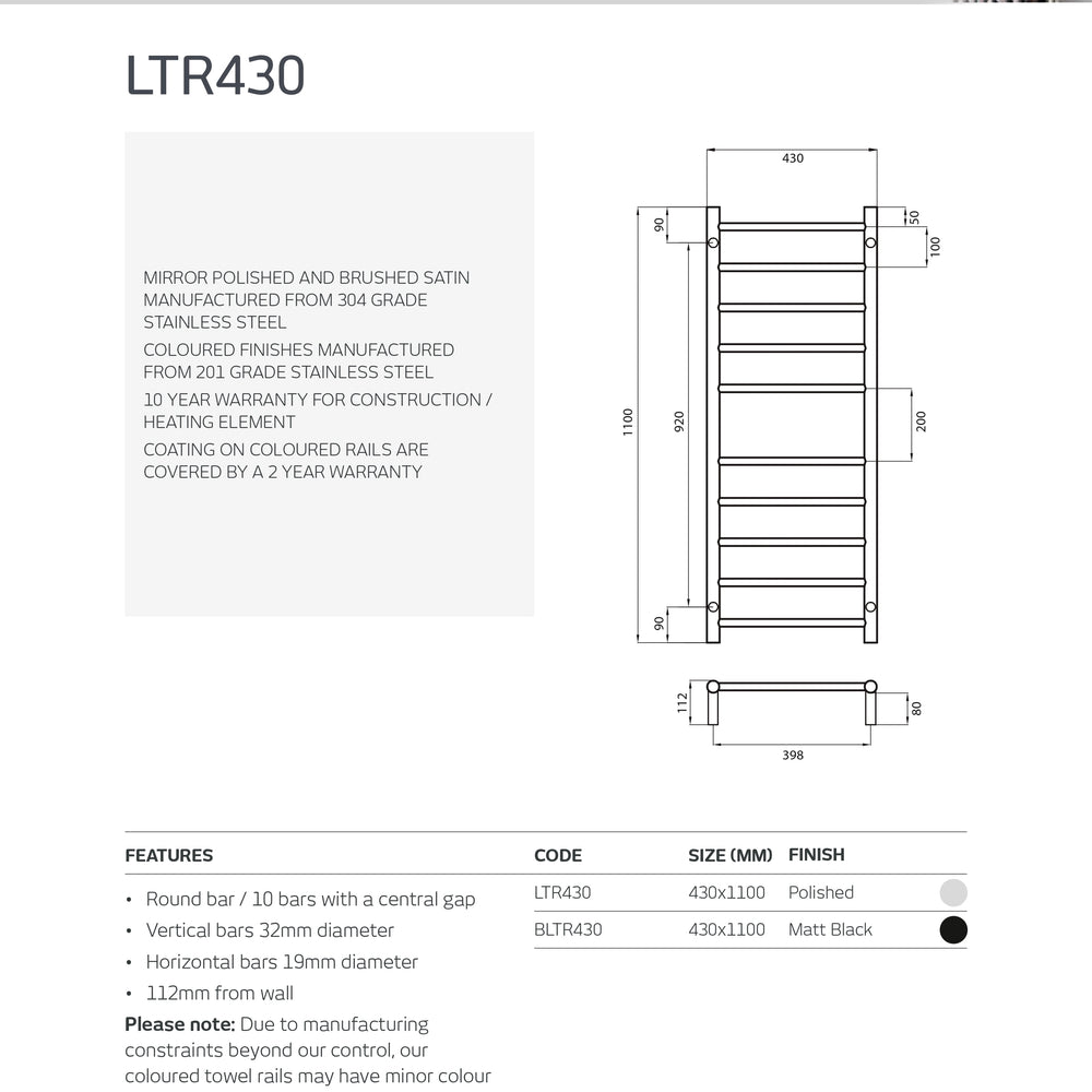 RADIANT HEATING 10-BARS ROUND NON-HEATED TOWEL RAIL CHROME 430MM