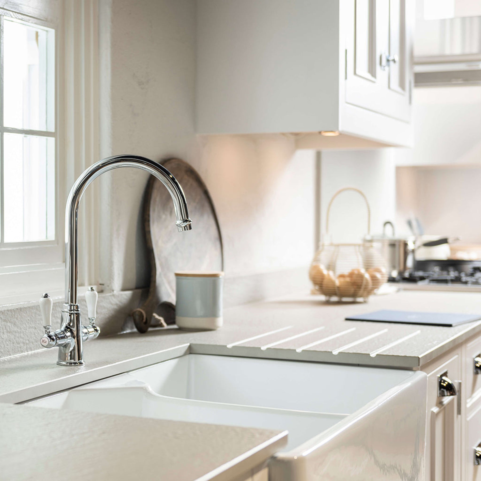 TURNER HASTINGS LUDLOW DOUBLE SINK MIXER TAP 355MM CHROME (CERAMIC HANDLE)