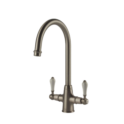 TURNER HASTINGS LUDLOW DOUBLE SINK MIXER TAP 355MM BRUSHED NICKEL (CERAMIC HANDLE)