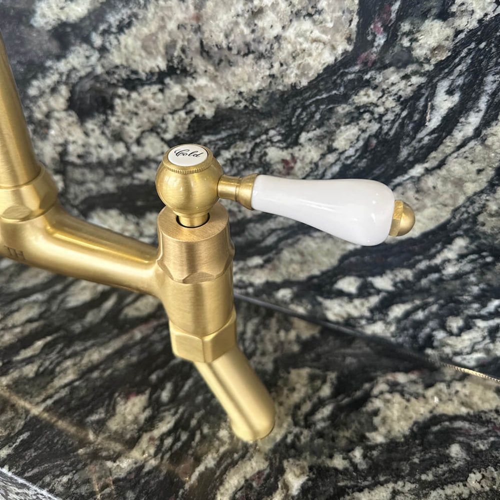 TURNER HASTINGS LUDLOW BRIDGE SINK MIXER TAP 400MM BRUSHED BRASS (CERAMIC HANDLE)