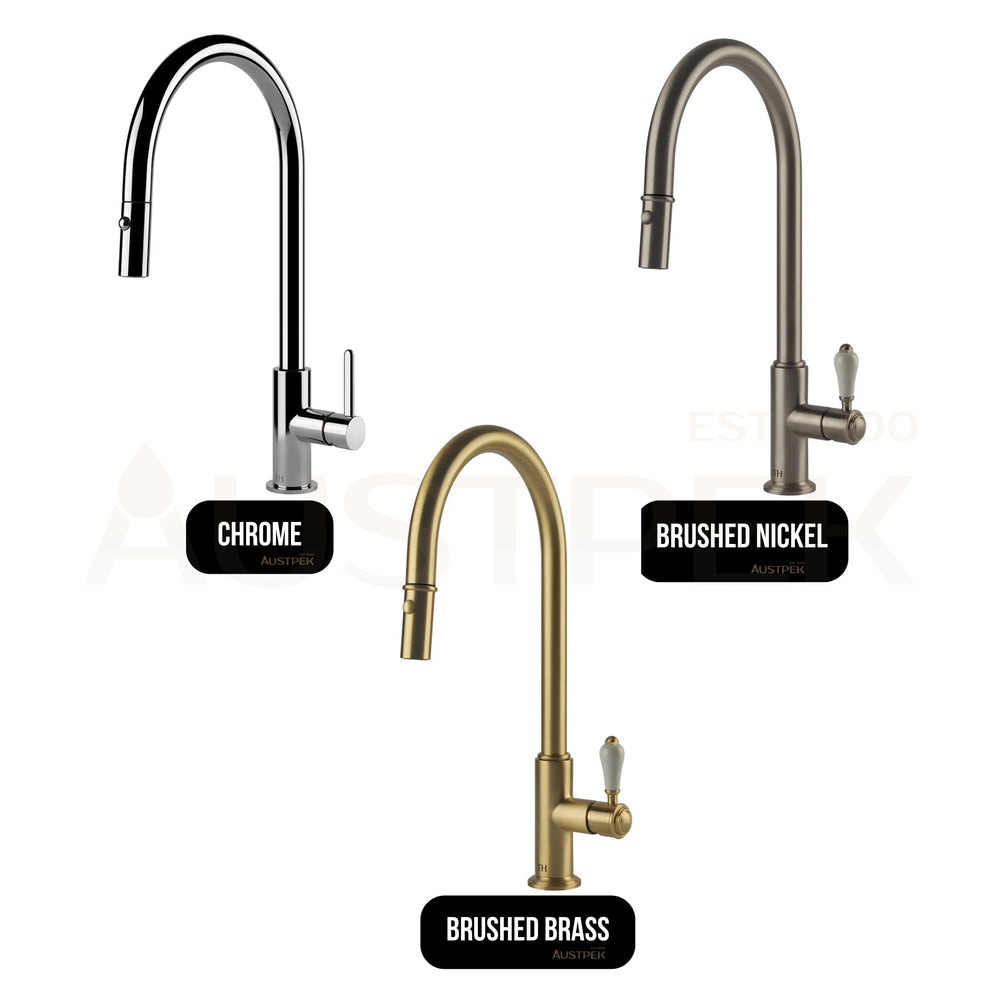 TURNER HASTINGS LUDLOW PULL OUT SINK MIXER 418MM BRUSHED BRASS (CERAMIC HANDLE)