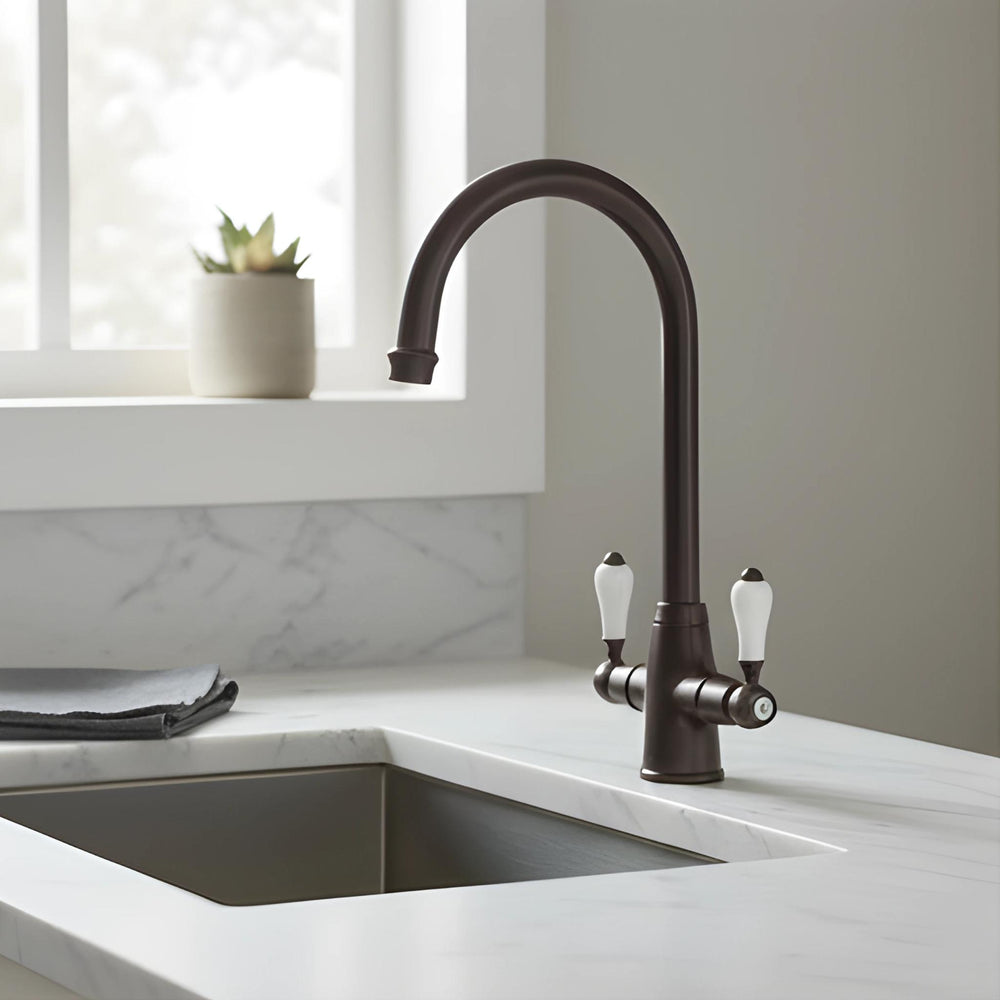 TURNER HASTINGS LUDLOW DOUBLE SINK MIXER TAP 355MM ENGLISH BRONZE (CERAMIC HANDLE)